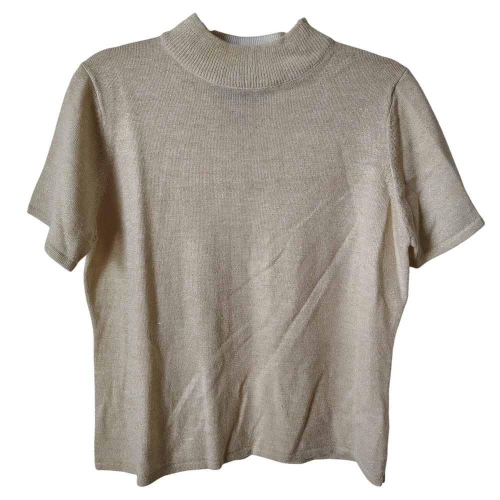 Vintage Rochelle California Womens Top Med Gold Short Sleeve Mock Neck Shimmer